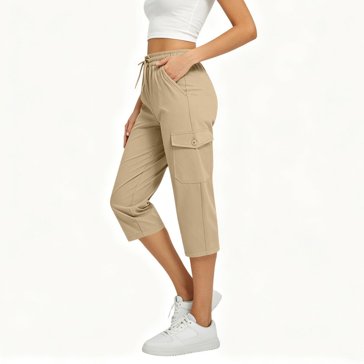 Capri Pants for Women High Waist Cargo Capri Pant Elastic Drawstring Cropped Work Pants with Pockets Summer Casual Trousers Khaki XL X-Large