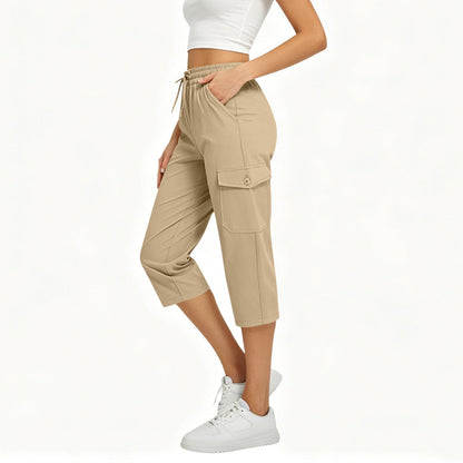 Capri Pants for Women High Waist Cargo Capri Pant Elastic Drawstring Cropped Work Pants with Pockets Summer Casual Trousers Khaki XL X-Large