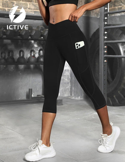 Fihapyli ICTIVE Women Workout Pants with V Cross Control Waist Tight Fit Yoga Running Pilates Fitness Leggings with Pockets Black S