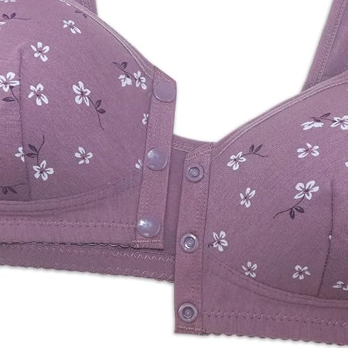 IWOLLENCE Daisy Bras for Older Women No Underwire Front Closure Comfort Senior Wireless Snap Closing Bra Purple 36B