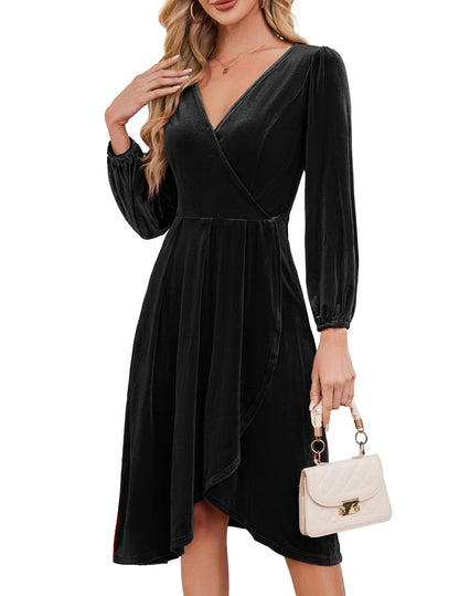 Meetjen Women's Long Sleeve V Neck Asymmetrical Hem Velvet Dress Flowy 2024 Fall Wedding Guest Dresses Black M