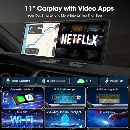 LAMTTO 11'' Carplay Screen for Car with YouTube TikTok and Backup Camera | Built-in Entertainment Video, Upgraded Wireless Car Play and Android Auto Navigation, Voice Assistant for iOS 10+ Android 11+