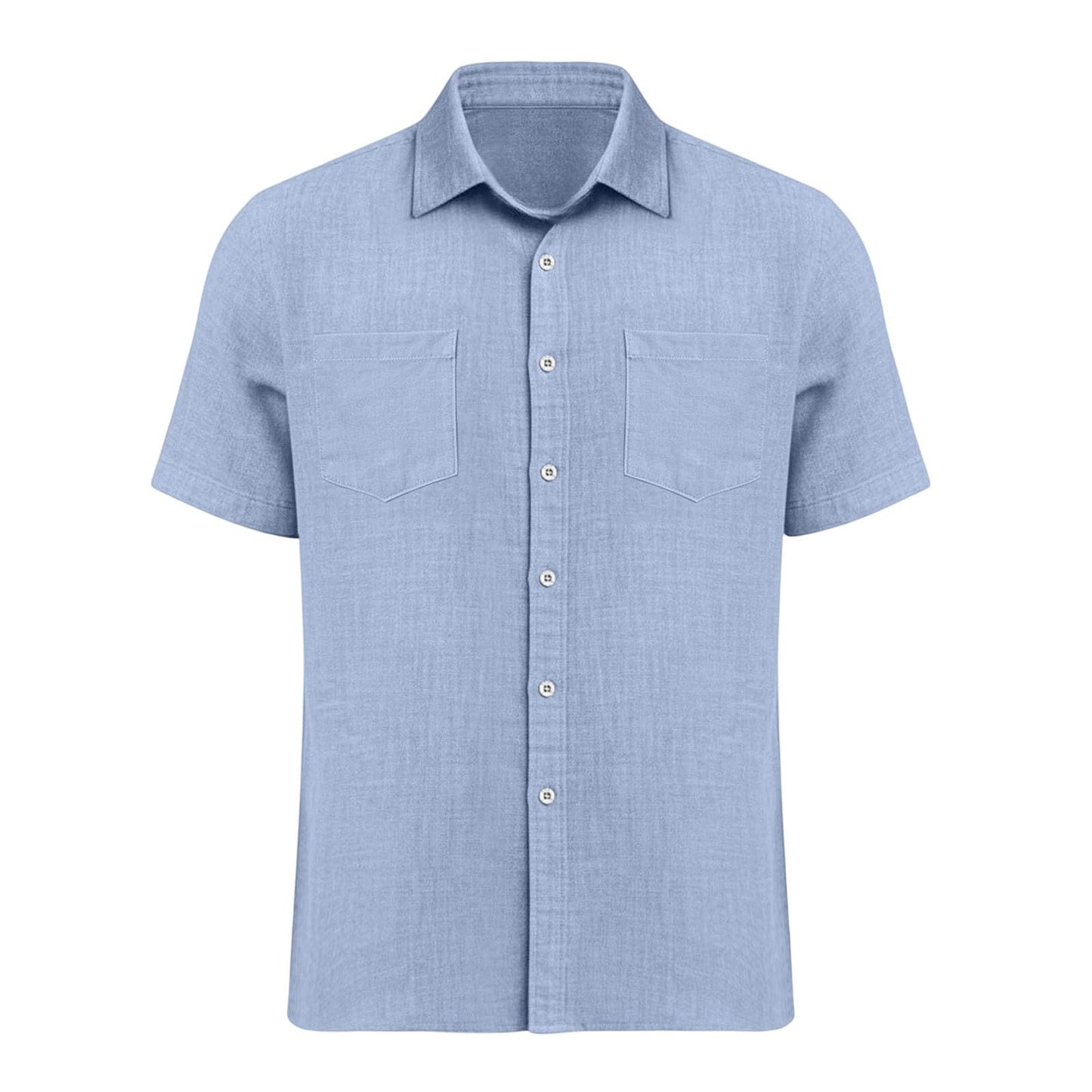 Button up Shirts Men, Mens Cotton Linen Shirts Short Sleeve Button Down Shirt Collared Dressy Casual Work Tops Beach Summer Shirts with Pockets Light Blue