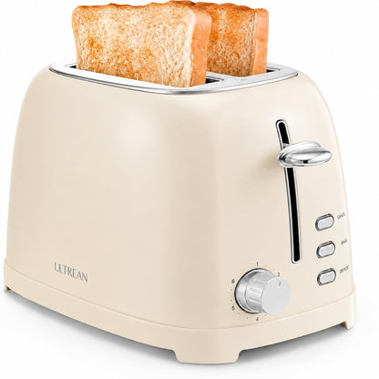 Ultrean Toaster 2 Slice with Extra-Wide Slot, Stainless Steel Toaster with Removable Crumb Tray, Small Toaster with 6 Browning Settings, Cancel, Bagel, Deforest Functions, 825 W (Cream)
