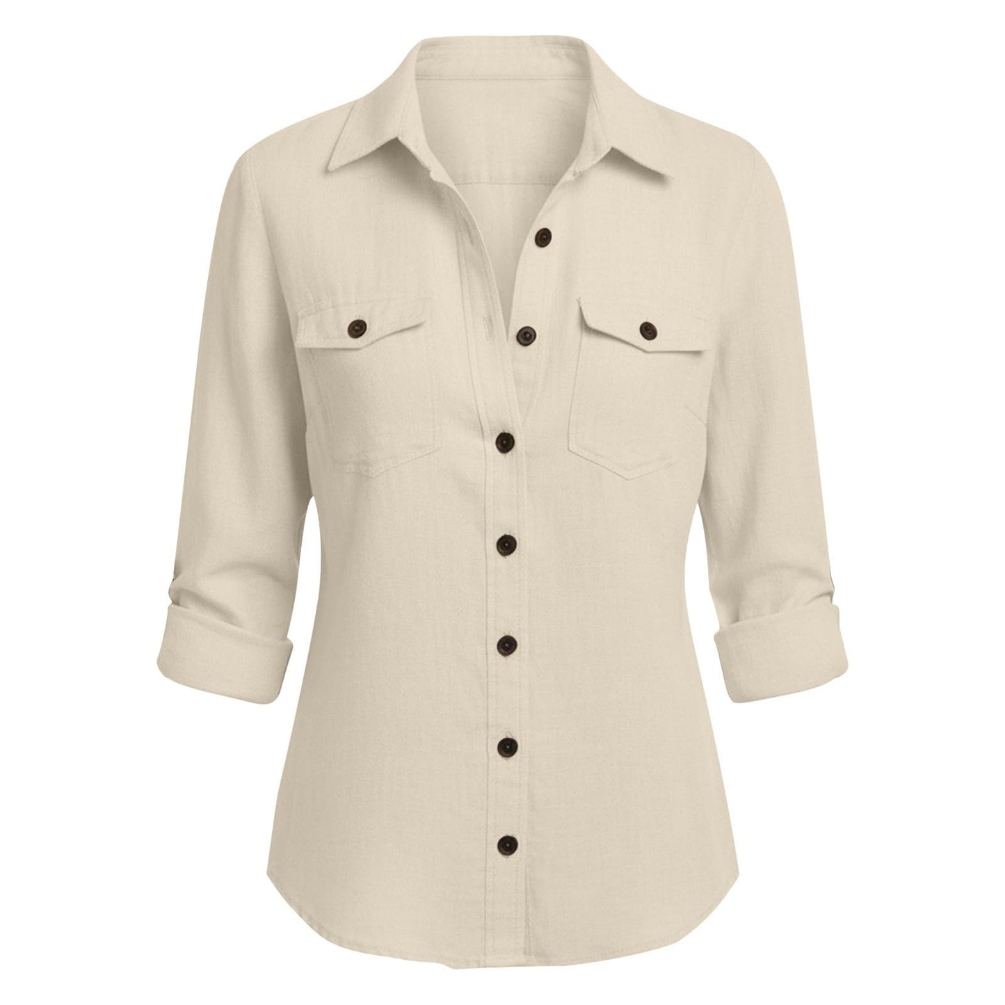 Linen Work Shirts Women Long Sleeve Dressy Blouse Comfy Button Down Work Tops Trendy Collared Tshirt for Office Beige