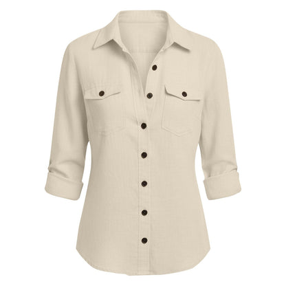Linen Work Shirts Women Long Sleeve Dressy Blouse Comfy Button Down Work Tops Trendy Collared Tshirt for Office Beige