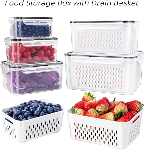 4 in 1 Food Storage Container, Set of 3 Produce Keeper Containers for Fridge, Household Transparent Plastic Food Storage Box-Including Drain Basket, For Vegetable and Berry, Kitchen Organizer