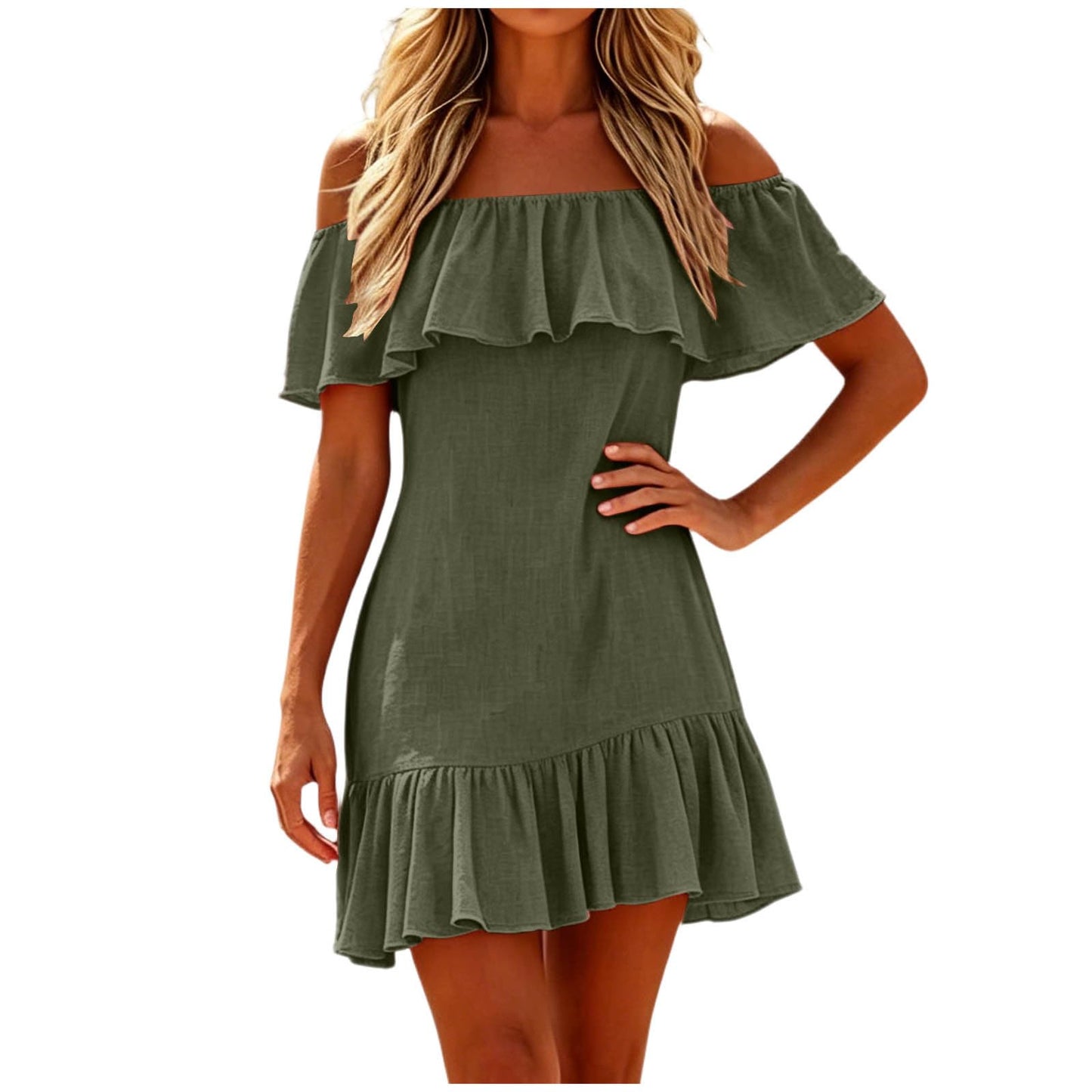 Spring Dresses for Women 2026 Dresses Women Summer Trendy Casual Flowy Dress Off Shoulder Ruffle Elegant A Line Beach Party Vacation Sundress 2026 Army Green S