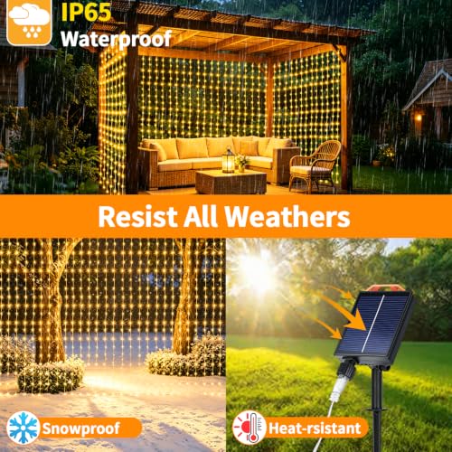 Curtain Lights Outdoor 10x10Ft 300LED Hanging Solar Lights with Solar & USB-C Charging 13 Modes Dimmable Waterproof Remote Twinkle Fairy String Light for Gazebo Patio Christmas Yard Pavilion Pergola