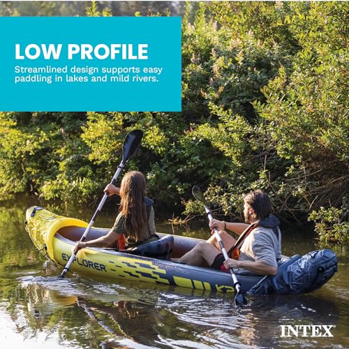 INTEX 68307EP Explorer K2 Inflatable Kayak Set: Includes Deluxe 86in Aluminum Oars and High-Output Pump – SuperStrong PVC – Adjustable Seats with Backrest – 2-Person – 400lb Weight Capacity