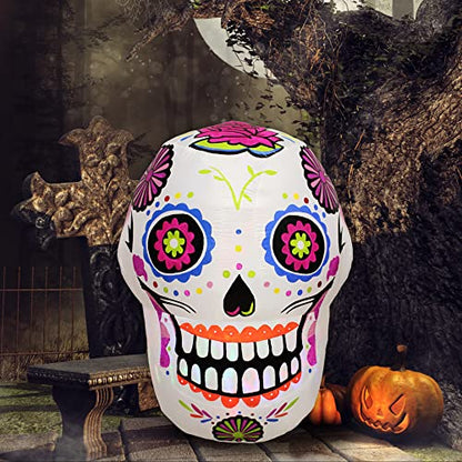 4ft Halloween Inflatable Sugar Skull Blow up Outdoor Decorations with LED