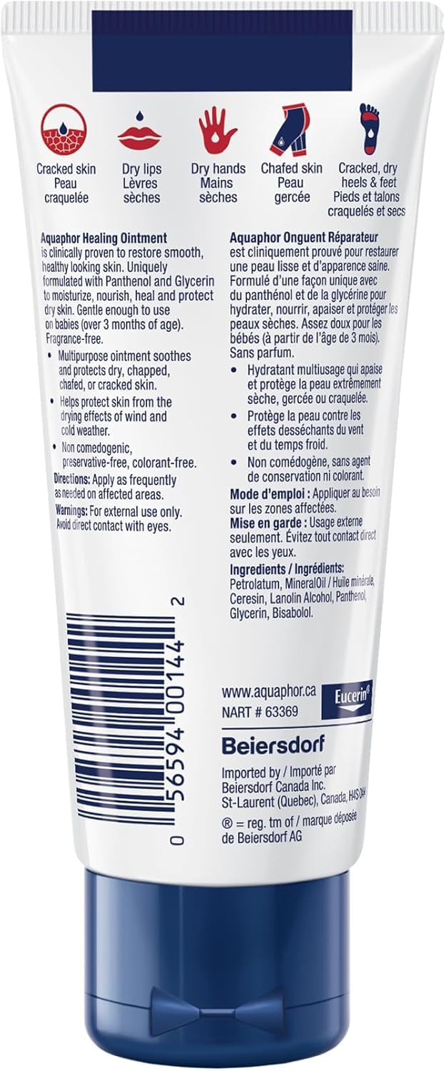 Aquaphor Healing Ointment, Multipurpose Ointment for Dry, Cracked Skin, Chafing, Cuticle Care, Fragrance Free, Non Greasy and Non Comedogenic Body Moisturizer, Dermatological Skin Care, 50g Tube