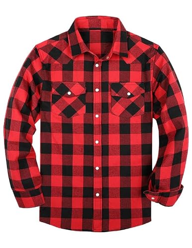 TARAINYA Men's Flannel Pearl Snap Plaid Western Cowboy Long Sleeve Shirt