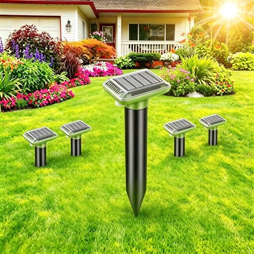 Solar Powered Animal Ground Stakes 4 Pack, Vibration & Pulse Sound Device, IP66 Waterproof for Lawn Yard Outdoor, Green
