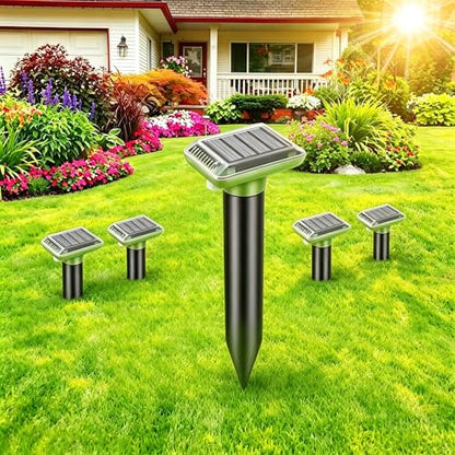 Solar Powered Animal Ground Stakes 4 Pack, Vibration & Pulse Sound Device, IP66 Waterproof for Lawn Yard Outdoor, Green