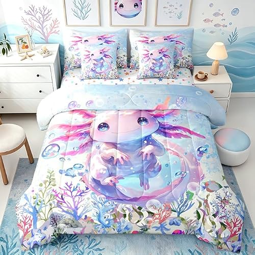 Feelyou Boys Girls Cute Axolotl Comforter Set with Sheets Twin Size, Ocean Sealife 7 Pieces Bedding Sets Kids Kawaii Bed in A Bag Cartoon Salamander Bed Set