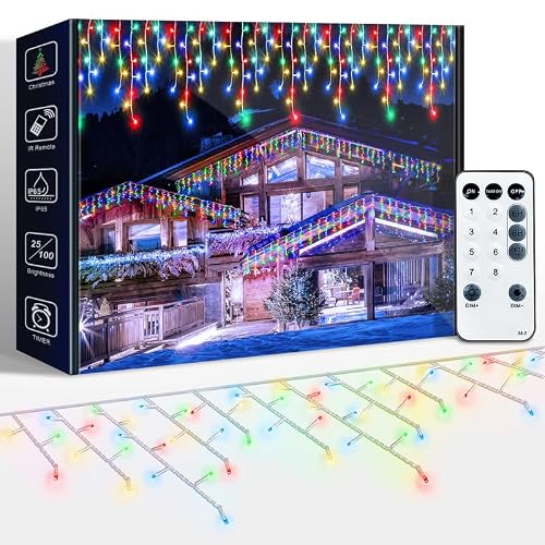 DREAMLAND 50FT Christmas Icicle Lights, Outdoor String Lights with 320LED, IP65 Waterproof Hanging Fairy Lights for Christmas Eaves Garden Room Decoration Multicolor