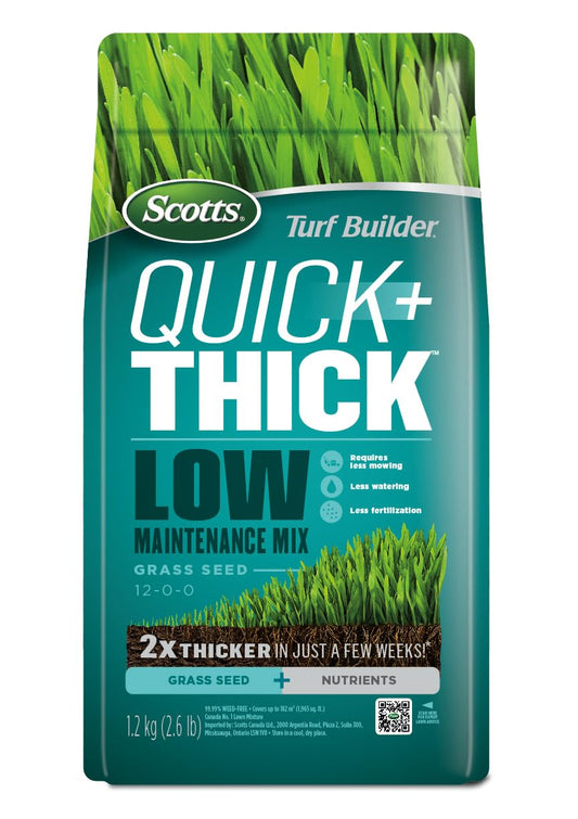 Scotts Turf Builder Quick + Thick Low Maintenance Grass Seed Mix, 1.2kg (182 sq Meters / 1,965 sq feet Coverage) | Grow Thick Green Grass with Less Work, Less Mowing (Easy Lawn Care)