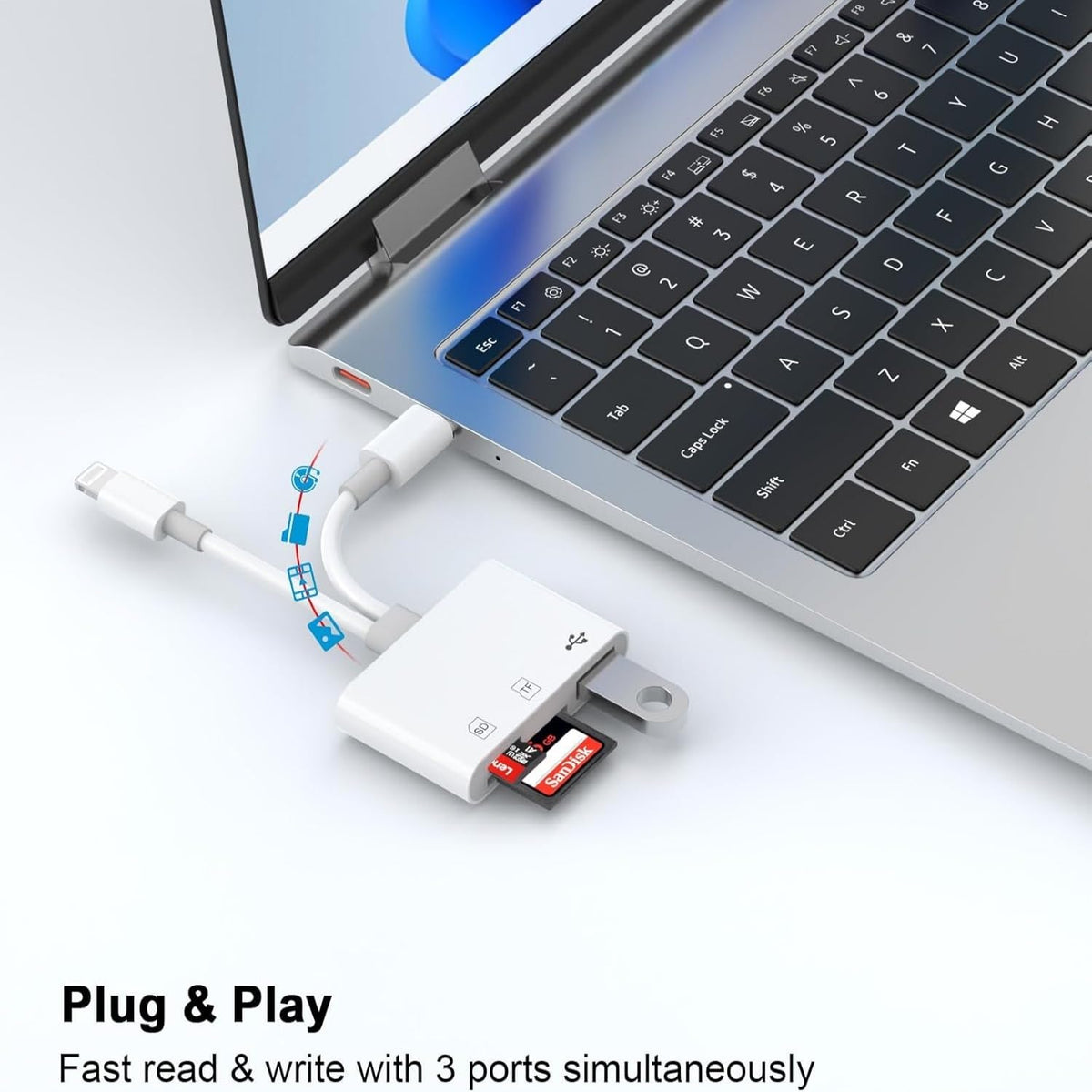 Dual Port SD Card Adapter for iPhone, iPad & USB-C Devices, Lightning & USB 3.0 Memory Card Reader for Camera, Supports SD/Micro SD, Plug & Play, No App Needed