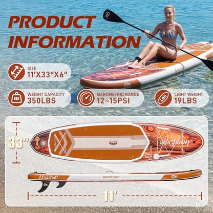 InnoExpo 11' Inflatable Stand Up Paddle Boards with Premium Accessories, Wide Stable SUP Paddle Board Design, Non-Slip Comfort Deck for Youth & Adults (Timber)