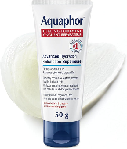 Aquaphor Healing Ointment, Multipurpose Ointment for Dry, Cracked Skin, Chafing, Cuticle Care, Fragrance Free, Non Greasy and Non Comedogenic Body Moisturizer, Dermatological Skin Care, 50g Tube