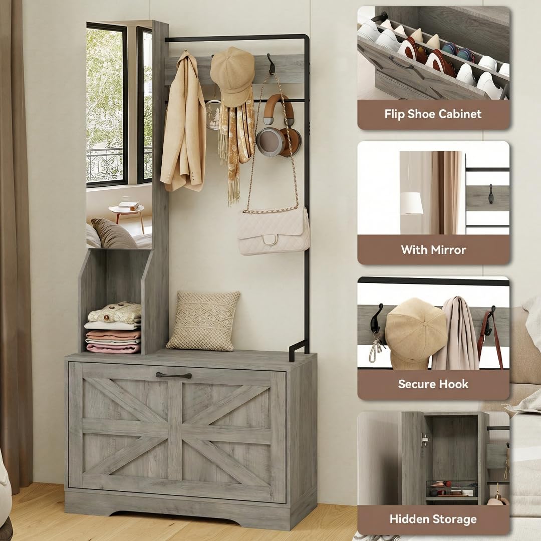 Hall Tree with Bench, Entryway Bench with Mirror and Shoe Rack, Grey