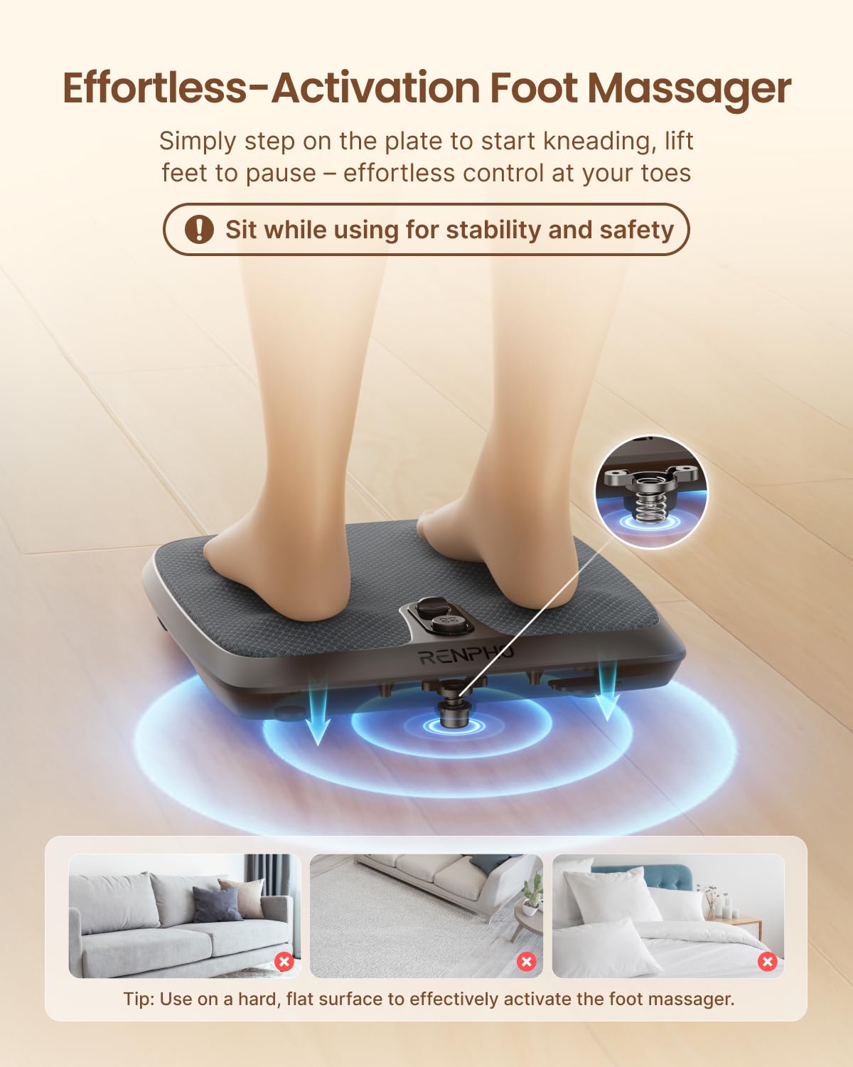 RENPHO Electric Shiatsu Foot Massager with Heat - Foot -Enabled On/Off Pressure Trigger for Easy Use, Deep Kneading Feet & Calf Massager, Birthday Gifts for Women Men, Fits Under Sofa