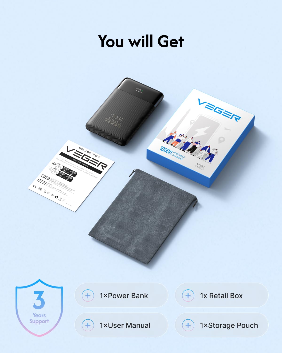 VEGER Portable Charger with Cables, Mini Power Bank 22.5W Fast Charging