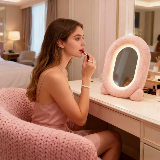 Frenzybird 15"x11" Fluffy Plush Makeup Mirror with Lights - Modern Vanity Mirror, Lighted-up Mirror with 3 Color Dimmable Lighting & Mount, Stepless dimming，Touch Sensor（Pink）