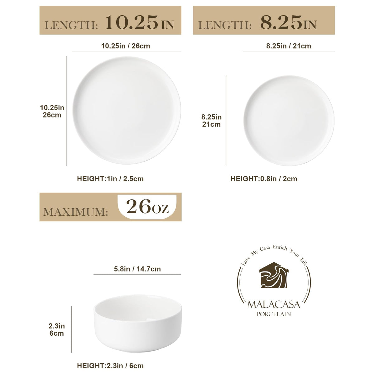 MALACASA Plates and Bowls Sets, 12 Pieces Porcelain Dinnerware Sets Dishware Sets Chip Resistant Ceramic Dish Set Dining Dinner Ware Service for 4, White, Series Luna