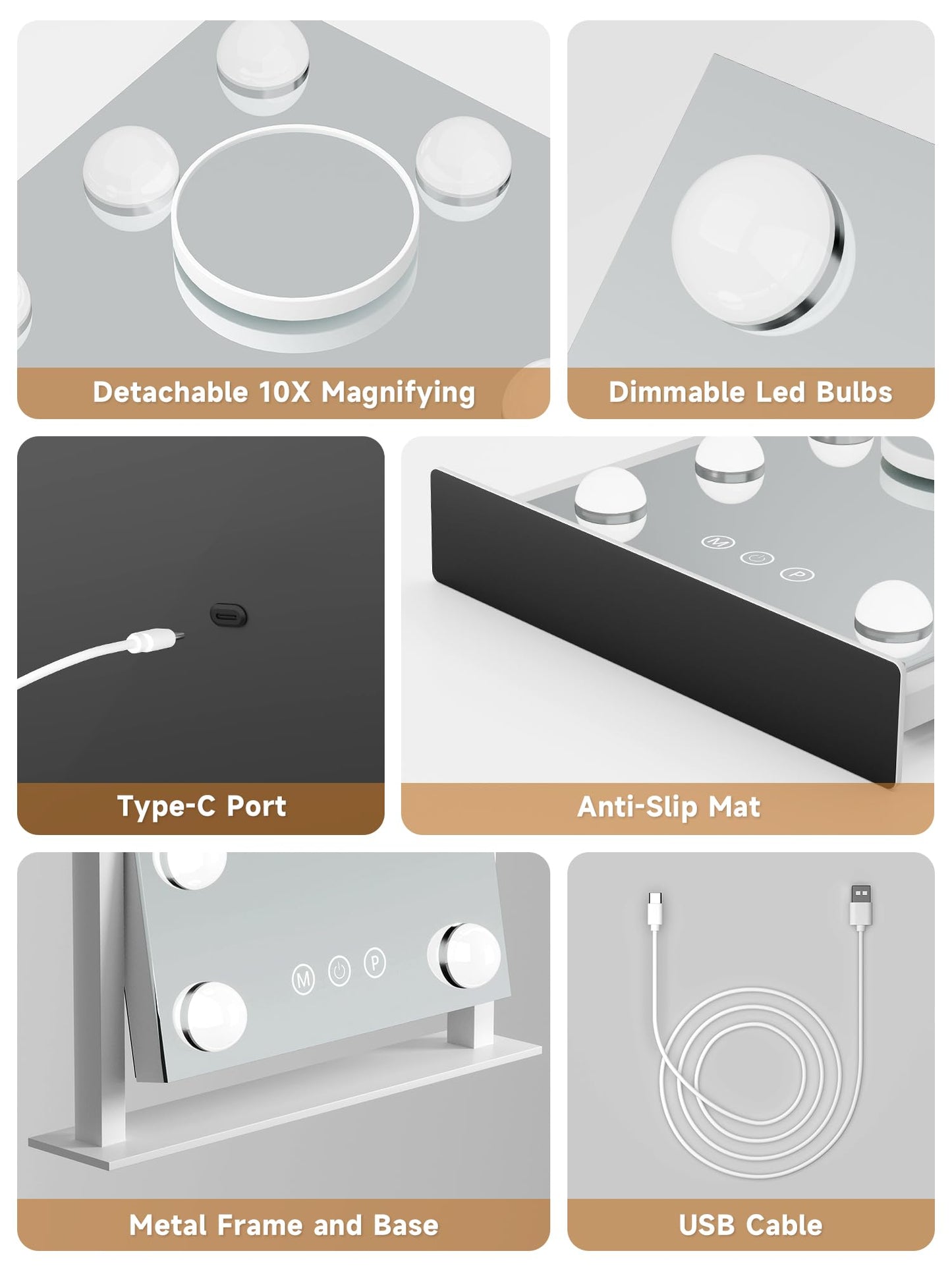 PUKANIUM Vanity Mirror with Light, Hollywood Mirror with Light, Makeup Mirror, 9 Dimmable LED Bulbs, 3 Colors Modes,Smart Touch Control, White