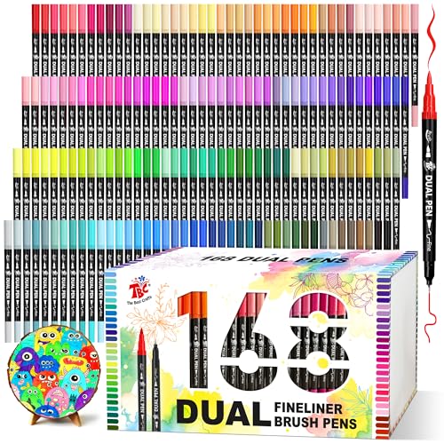 Brush Pens for Adult Coloring Books, 168 Colors Dual Tip Art Markers – Fine Tip for Outlining + Brush Tip for Coloring, Water-Based Non-Bleeding Markers for Journaling, Calligraphy, Hand Lettering