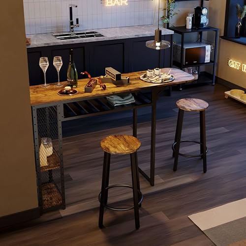 Bestier Bar Table and Chair Set, Industrial Expandable Dining Table with 2 Bar Stools, Kitchen Counter with Wine Rack & 3 Tier Adjustable Storage Shelves Rustic Brown