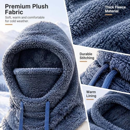 3 in 1 Winter Hooded Hat for Women Fleece Balaclava Face Mask Blue