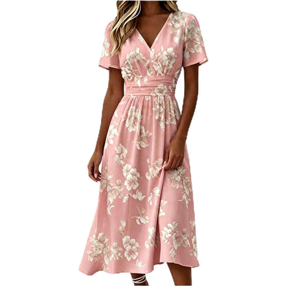 Women's V Neck Wrap Midi Dress Floral Print Solid Ombre Short Sleeve Flowy A-Line Summer Vacation Sundress for Women
