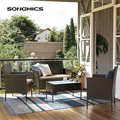 SONGMICS Patio Furniture Set, Outdoor PE Rattan Conversation Sets | Outdoor Table and 2 Chairs, Loveseat, Patio Garden Furniture, for Balcony Deck, Brown and Beige UGGF004KZ02
