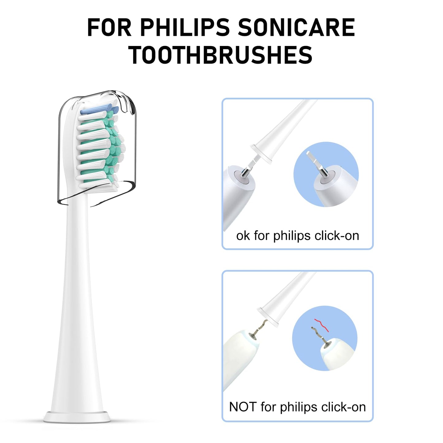 Replacement Toothbrush Heads Compatible with Philips Sonicare Click-on Handles, 8 Pack, Dupont Bristles with Protective Cover