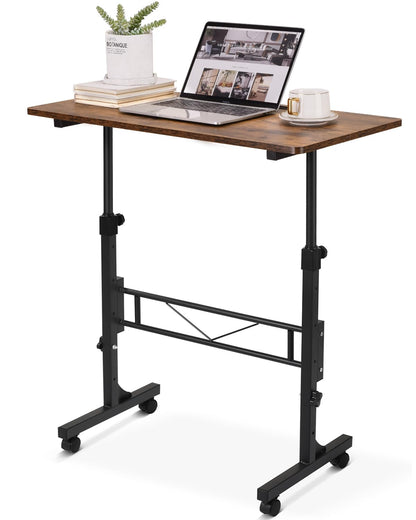 Small Standing Desk Adjustable Height 32 Inch Mobile Sit Stand up Desk Portable Rolling with Wheels Standing for Walking pad Treadmill Rustic