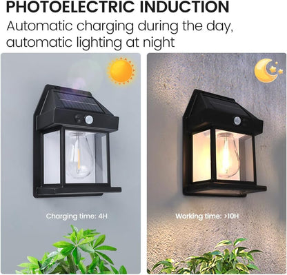 4pcs Solar Fence Lights, Motion Sensor Outdoor Lights, 3 Lighting Modes Dusk to Dawn Porch Lights IP65 Waterproof, Outdoor Solar Wall Lights 600LM, 1800mah Suitable for Patios, Porches, Garage (Black)