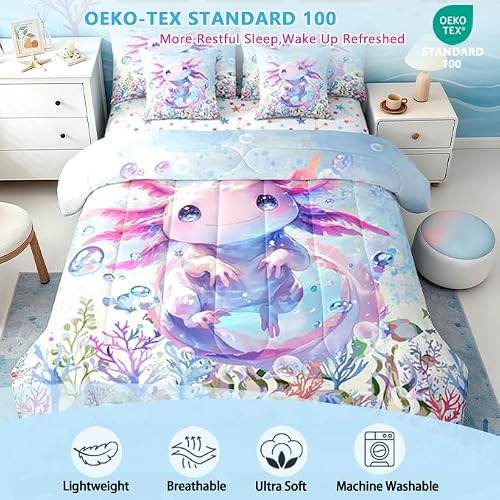 Feelyou Boys Girls Cute Axolotl Comforter Set with Sheets Twin Size, Ocean Sealife 7 Pieces Bedding Sets Kids Kawaii Bed in A Bag Cartoon Salamander Bed Set