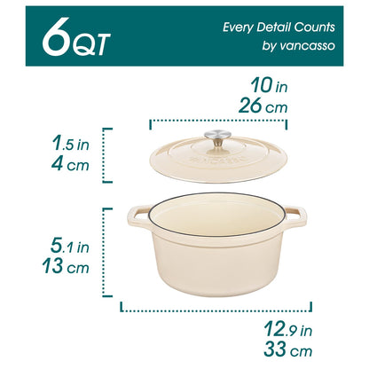 vancasso Cast Iron Dutch Oven, 6 QT Round Pot with Lid and Dual Handles, Non Stick Enamel Coating for Bread Baking, White