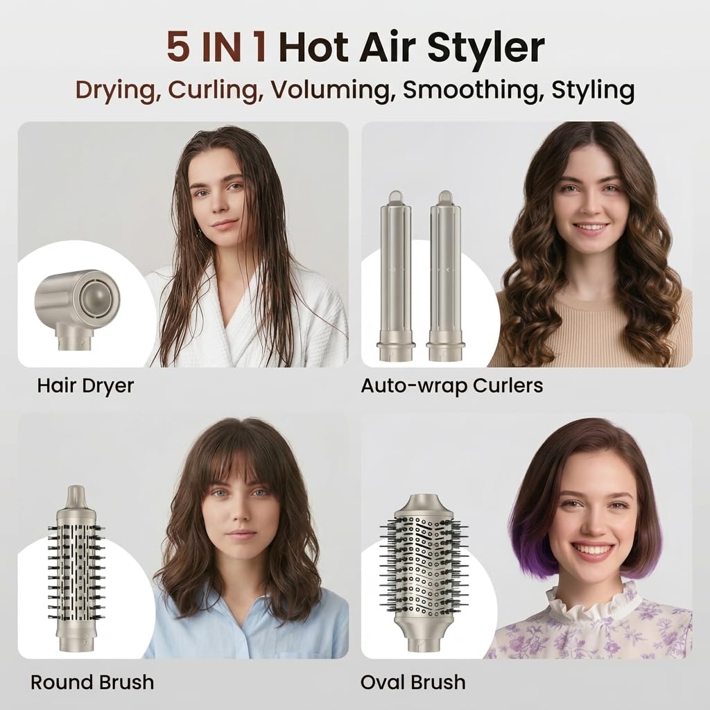 MESCOMB Hot Air Styler & Hair Dryer Brush, High Speed Air Styler for Drying, Volumizing, Curly, Wavy, Straighten, Negative Ionic Multi Styler Without Heat Damage,Platinum Champagne