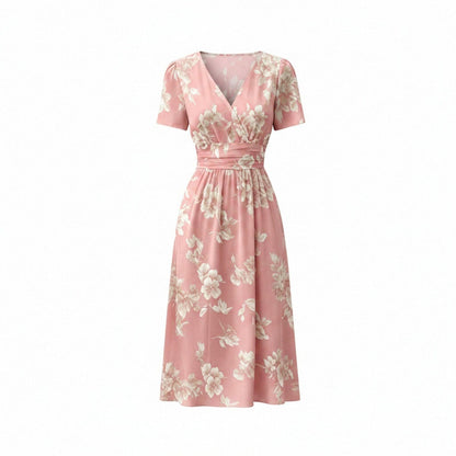 Women's V Neck Wrap Midi Dress Floral Print Solid Ombre Short Sleeve Flowy A-Line Summer Vacation Sundress for Women