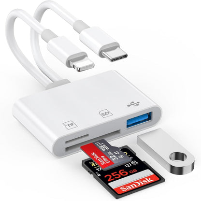 Dual Port SD Card Adapter for iPhone, iPad & USB-C Devices, Lightning & USB 3.0 Memory Card Reader for Camera, Supports SD/Micro SD, Plug & Play, No App Needed