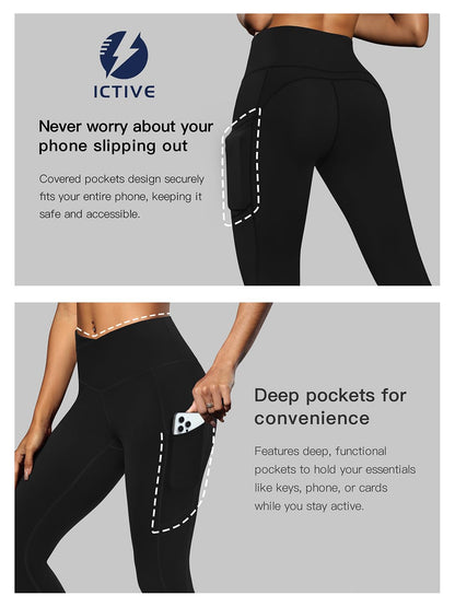Fihapyli ICTIVE Women Workout Pants with V Cross Control Waist Tight Fit Yoga Running Pilates Fitness Leggings with Pockets Black S