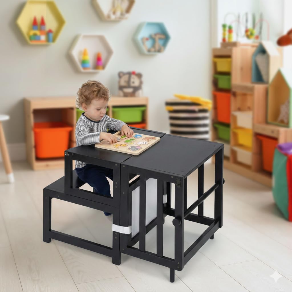 COSYLAND Kitchen Step Stool for Toddlers, Multifunctional Toddler Standing Tower with Safety Rail and Whiteboard, Convertible into Desk Table and Chair, Wooden Toddler Kitchen Stool Helper (Black)