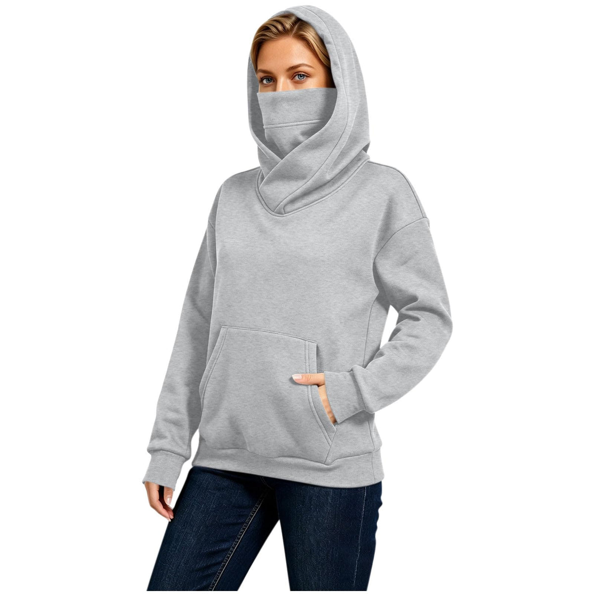 Plus Size Hoodie Hoodies for Women Oversized Balaclava Hoodie Mask Pullover Tops with Kangaroo Pocket Windproof Face Cover Sweatshirt Gray S