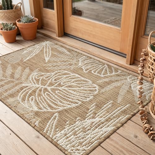 Montvoo-Outdoor Rug-Patio Rug Polypropylene Indoor Outdoor Rugs Carpet-Entryway Rug Porch Door Mats Rugs Small Accent for High Traffic Use Weave Design Quick Dry Easy Clean, Leaves Brown 2x3ft