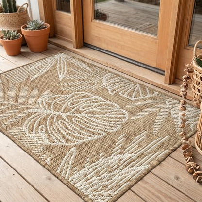Montvoo-Outdoor Rug-Patio Rug Polypropylene Indoor Outdoor Rugs Carpet-Entryway Rug Porch Door Mats Rugs Small Accent for High Traffic Use Weave Design Quick Dry Easy Clean, Leaves Brown 2x3ft