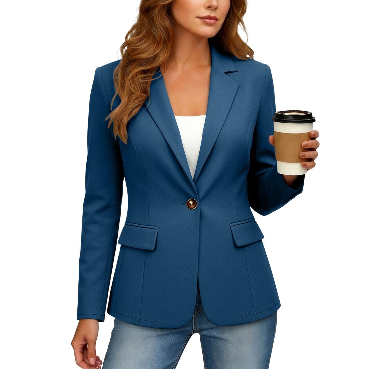 Blazers for Women Fashion Business Casual Button Down Cardigan Solid Long Sleeve Lapel Blazer Jacket with Pockets Spring Jacket Women Blue Large